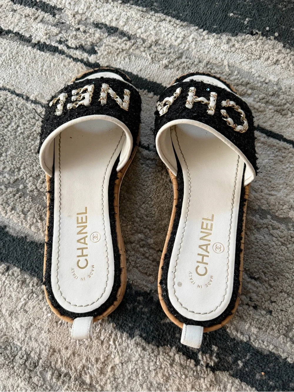 CHANEL Black Tweed Slide Mules with White-Gold Chain Logo